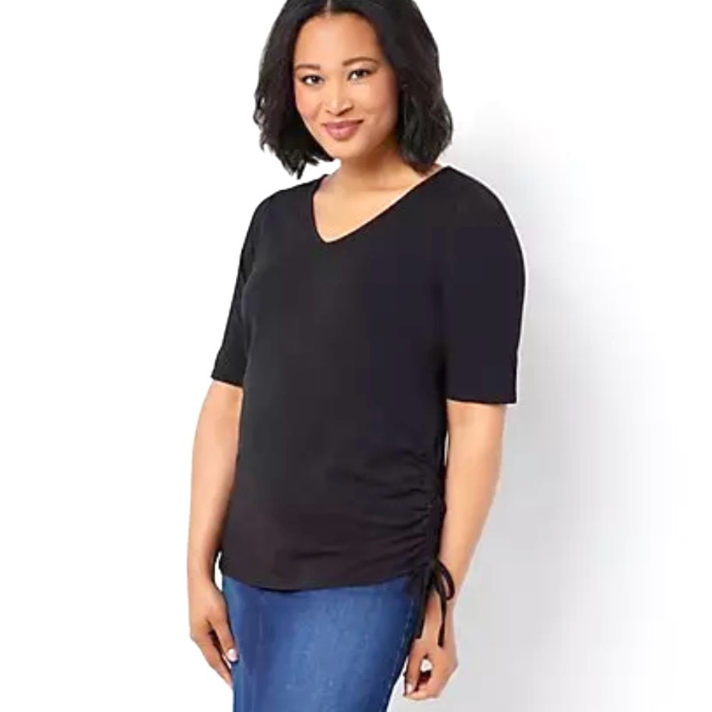 Belle by Kim Gravel Black TripleLuxe Knit Ruched Side V-Neck Elbow Sleeve Top 3X - Picture 2 of 12